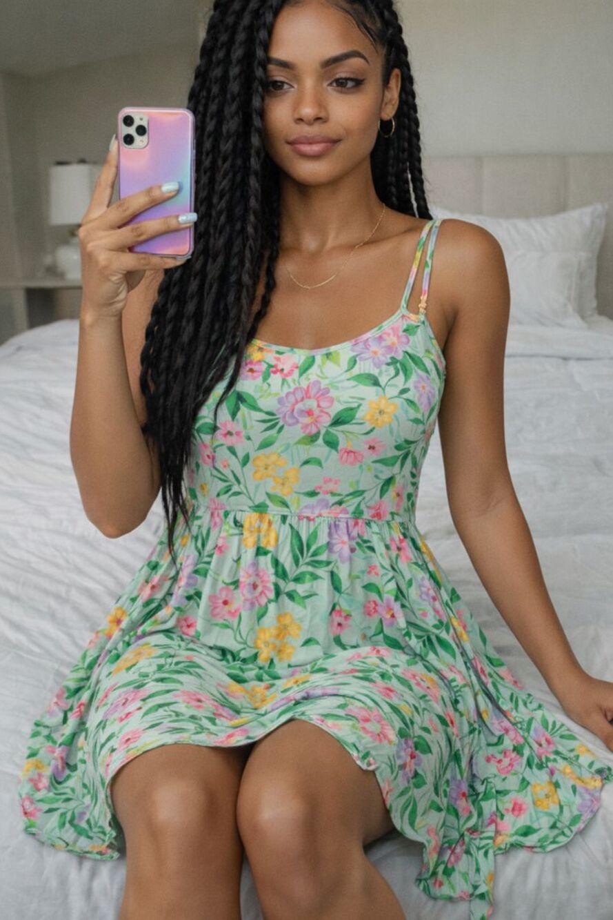 Floral Tropical Handkerchief Hem Sundress Spaghetti Strap Mint Green Fit & Flare